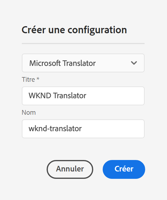 Créer une configuration de traduction