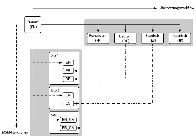 Diagramme présentant les principaux concepts de MSM et de traduction