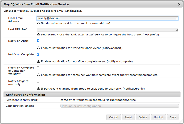 Fenêtre de configuration du service de notification par e-mail de workflow Day CQ