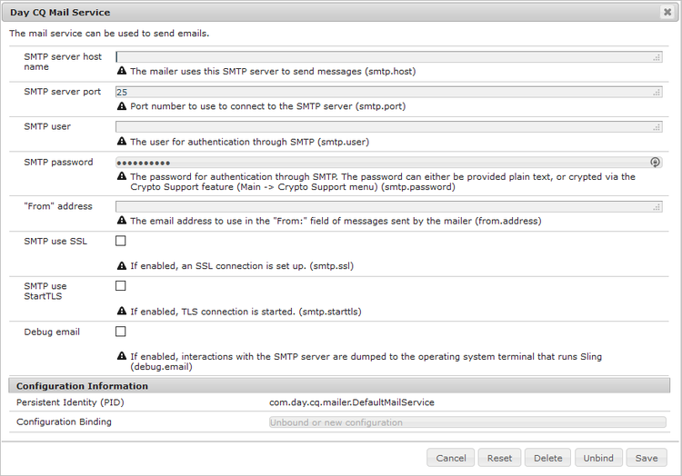 Fenêtre de configuration OSGi du service de messagerie Day CQ