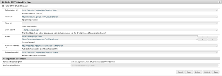 Fenêtre de configuration du fournisseur SMTP OAuth2 CQ Mailer