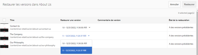 Restaurer la version – Sélectionner la version