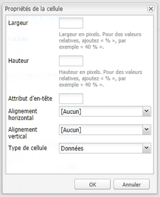 Boîte de dialogue Propriétés de la cellule ; définition d’une ligne (généralement la première) comme ligne d’en-tête.