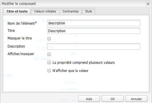 Onglet Titre et Texte (boîte de dialogue de modification) ; le titre « Description » a été ajouté.