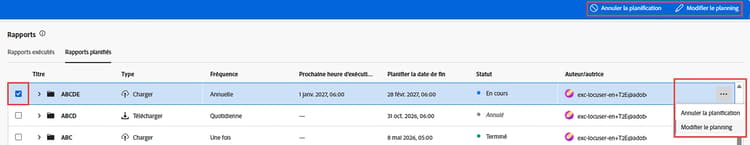 Modification et annulation d’un rapport planifié