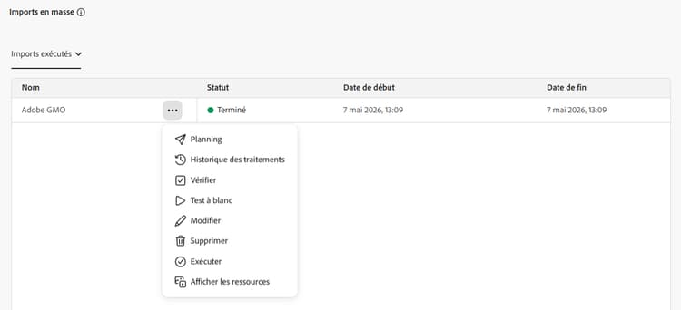 Modification de la configuration d’import en bloc.