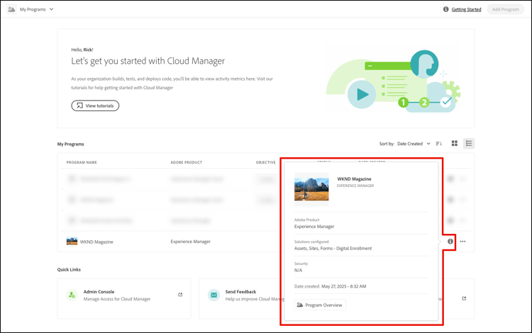 Fenêtre contextuelle d’informations dans Cloud Manager AMS