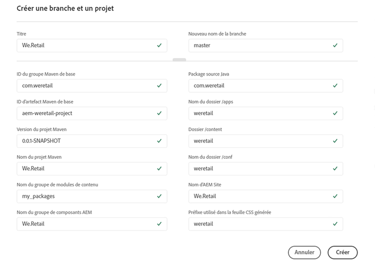 Paramètres détaillés de l’archétype