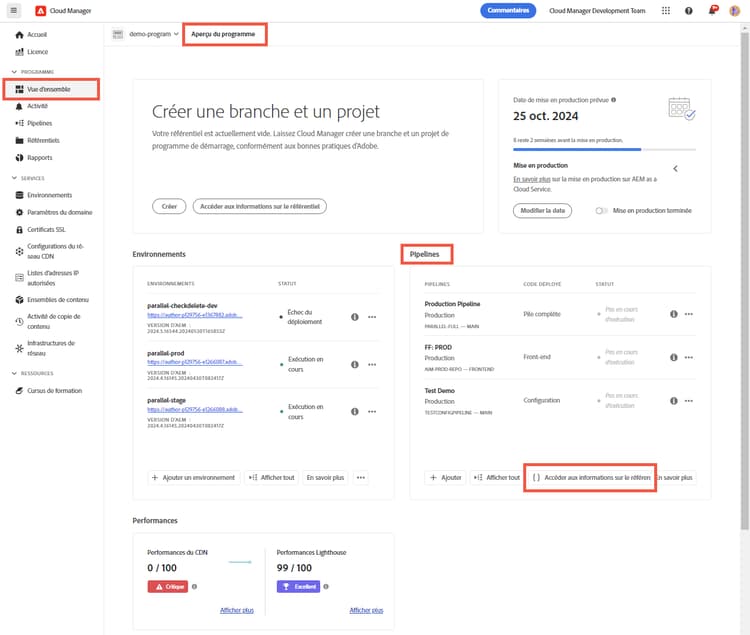 Bouton Accéder aux informations sur le référentiel de la carte Pipelines