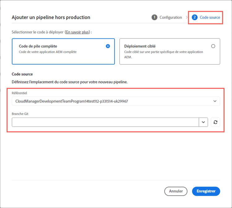 Référentiel de code source du pipeline et branche Git