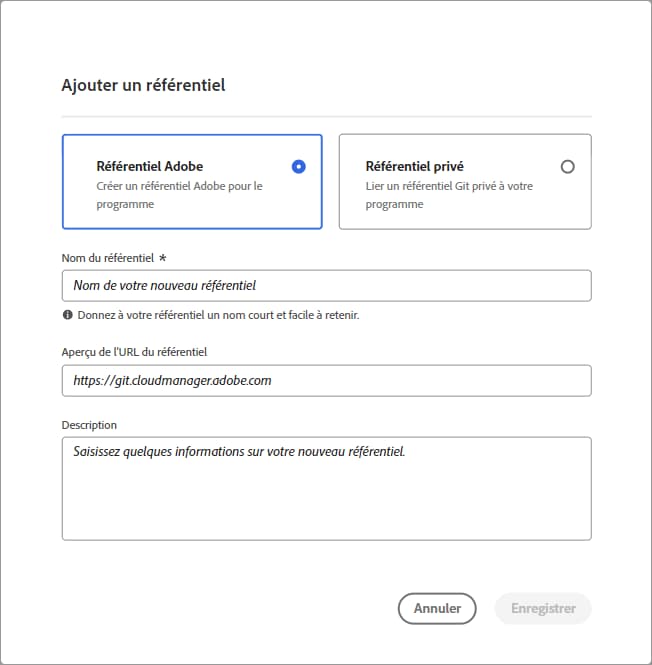 Boîte de dialogue Ajouter un référentiel.