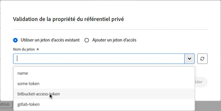 Sélection d’un jeton d’accès existant pour un référentiel