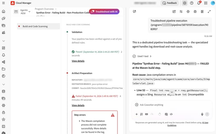 Panneau Collègue en regard d’une exécution de pipeline ayant échoué, affichant l’analyse de la cause première