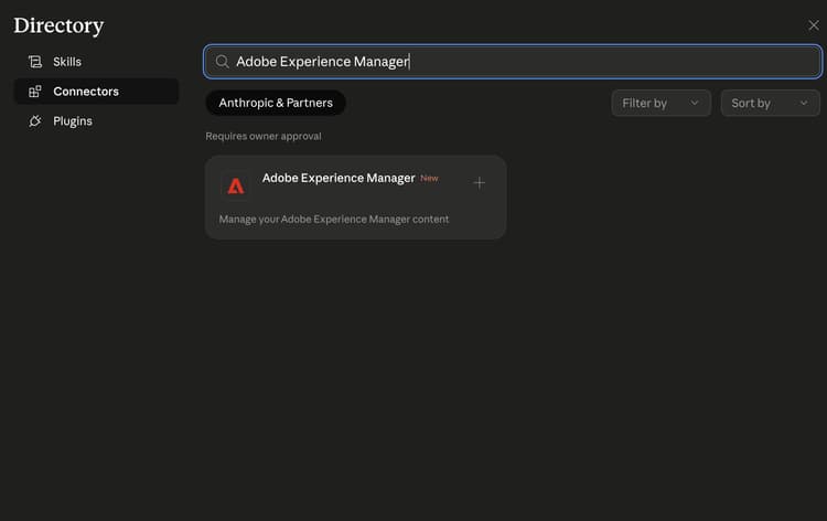 Installation du connecteur Adobe Experience Manager Claude à partir du répertoire des connecteurs.