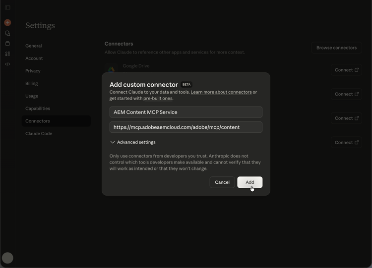 Ajout dun connecteur personnalisé dans Claude.