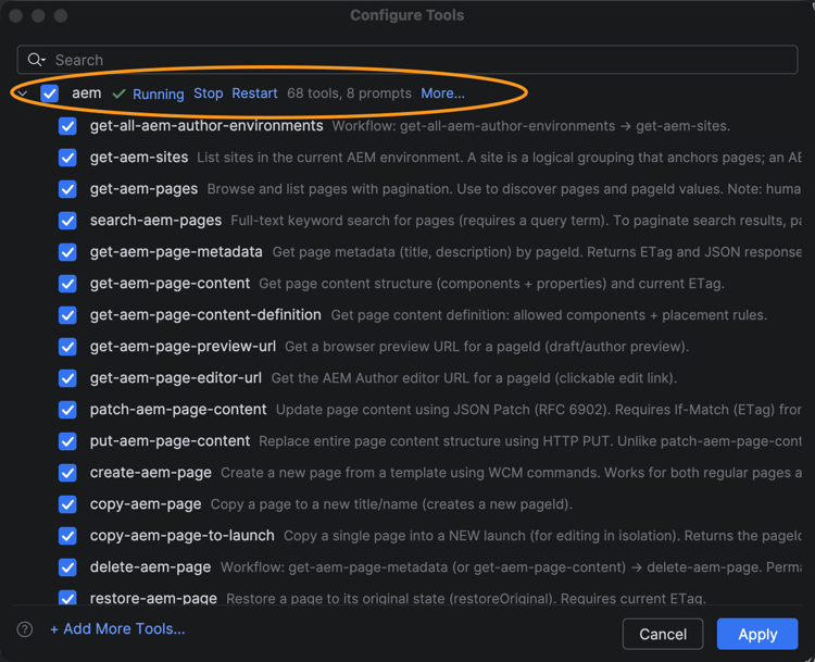Boîte de dialogue Configurer les outils affichant les outils AEM MCP disponibles.