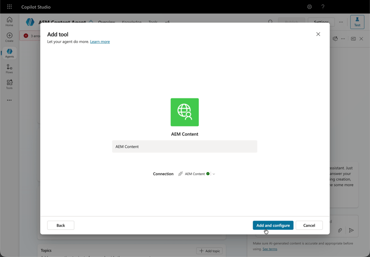 Panneau Ajouter et configurer de l’outil MCP.