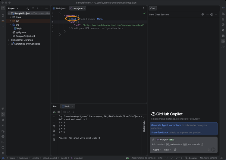 Fichier mcp.json affichant le serveur AEM configuré avec les outils détectés.
