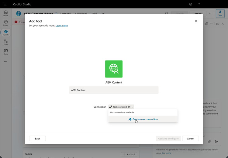 Configuration de Copilot - Ajout d’un outil - Création d’une connexion