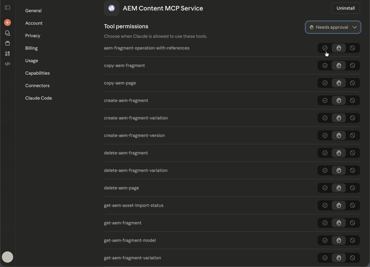 Configuration de Claude - Connecteurs - Autorisations de l’outil de connecteur personnalisé