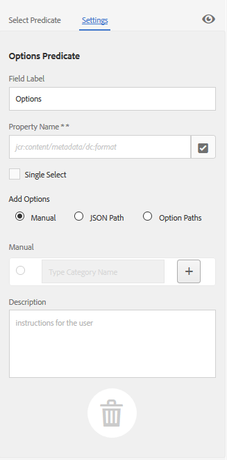 Champs disponibles dans le prédicat Options