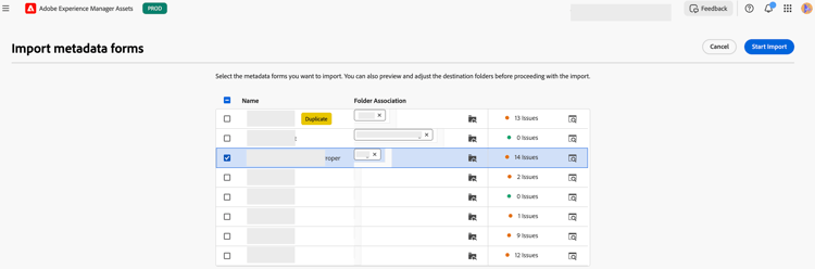 Page Importer un Forms de métadonnées