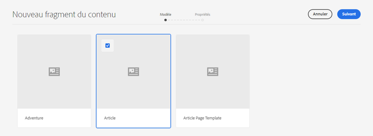 Sélectionner un modèle de fragment de contenu