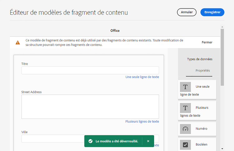 Modifier – Modèle de fragment de contenu verrouillé