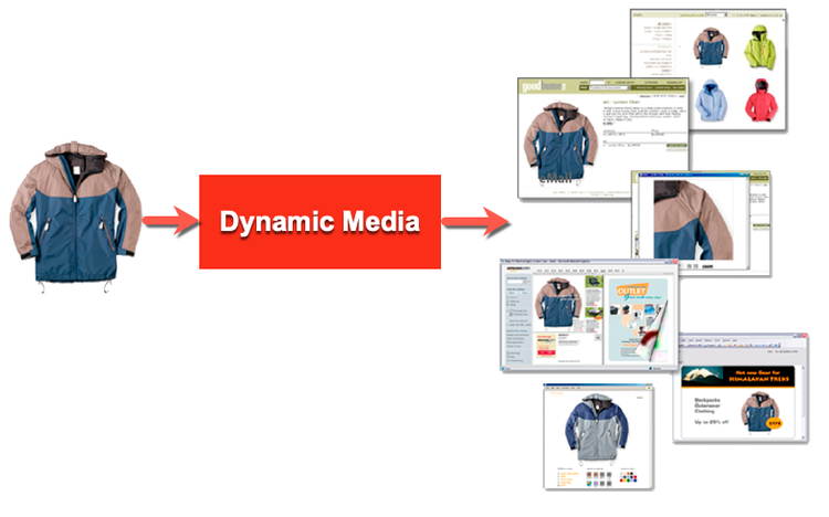 Adobe Dynamic Media diffuse la même image principale sur différents supports, dans des formats et des tailles différents.