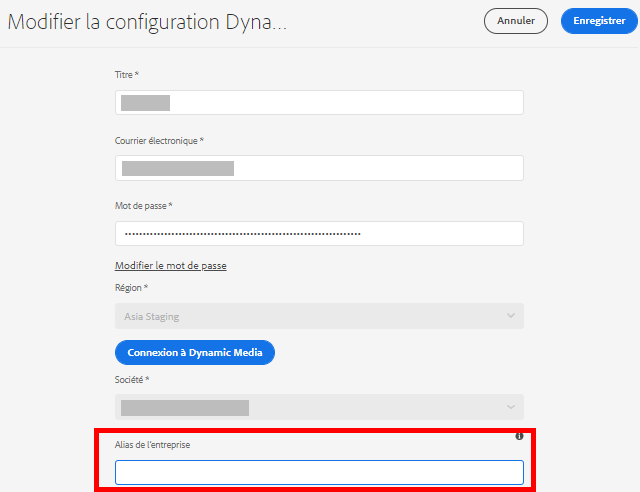 Champ de texte Alias de la société Dynamic Media