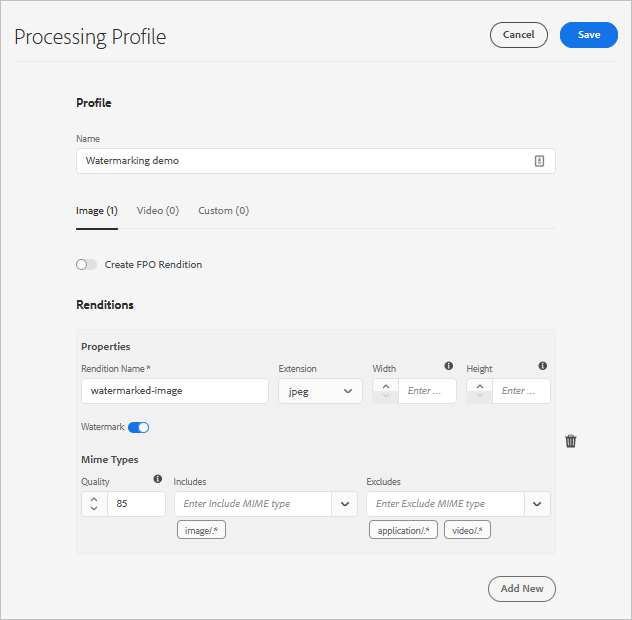 Profil de traitement des ressources pour créer un filigrane