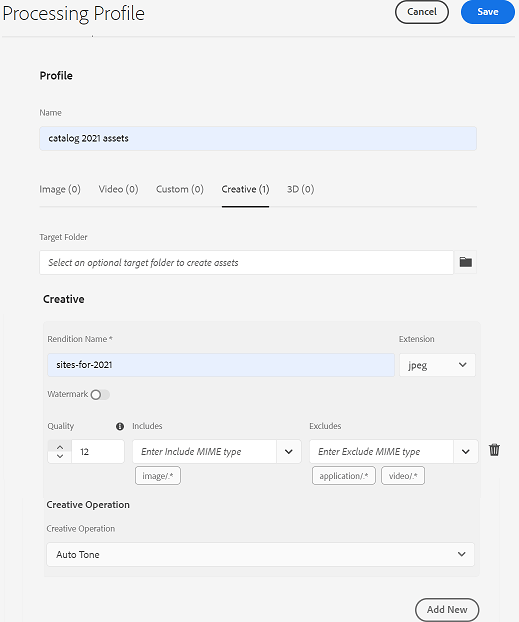 Contenu créatif dans Profil de traitement