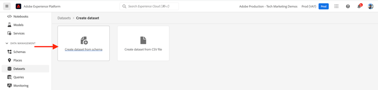 Option Créer un jeu de données à partir d’un schéma AEP