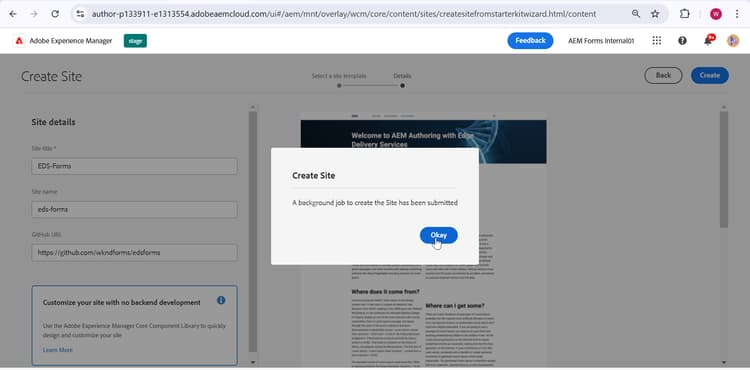 Confirmer la création du site