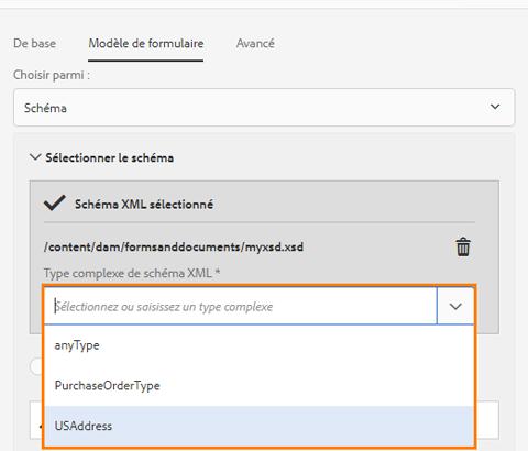 Sélection d’un type complexe dans le modèle de schéma XML spécifié