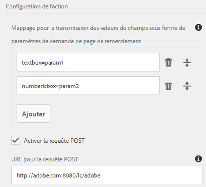 Mappage pour la transmission des valeurs de champs sous forme de paramètres de page de remerciement