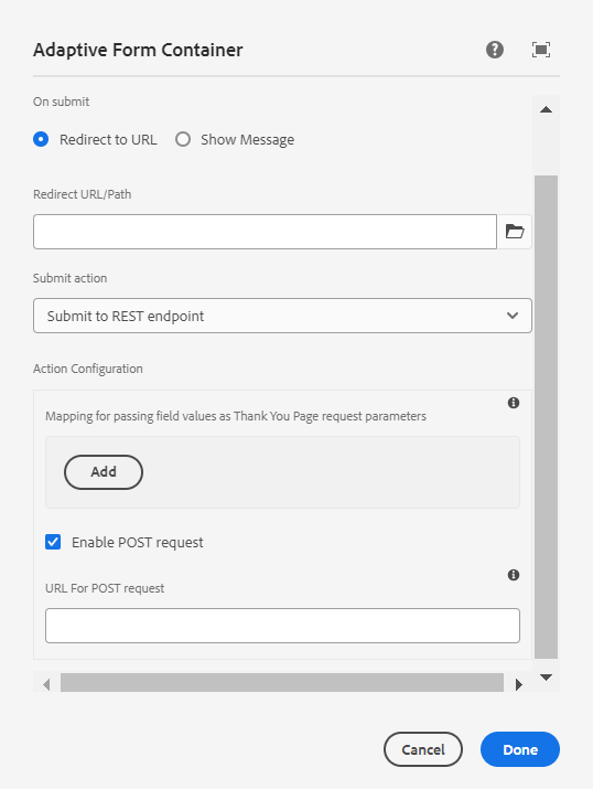 Configuration de l’action Envoyer vers le point d’entrée Rest