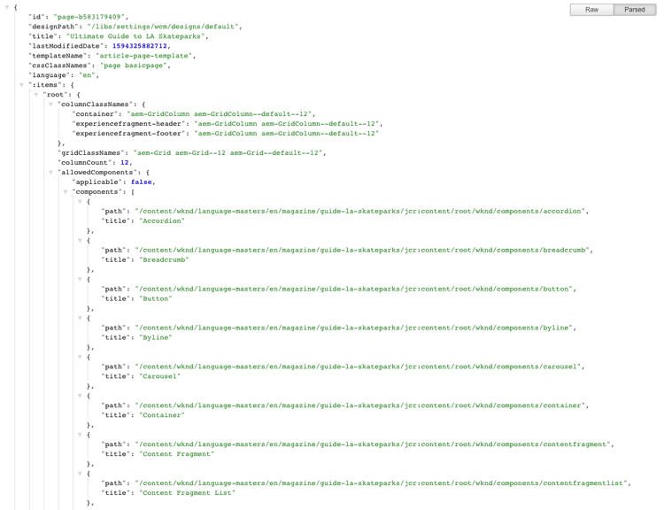 Modèle JSON du contenu WKND