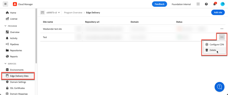 Ajout d’un site Edge Delivery à partir du bouton Sites Edge Delivery