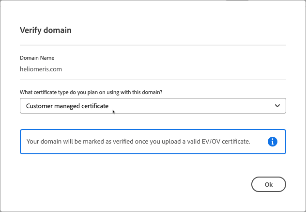 Vérification du domaine pour un certificat EV/OV géré par un client ou une cliente