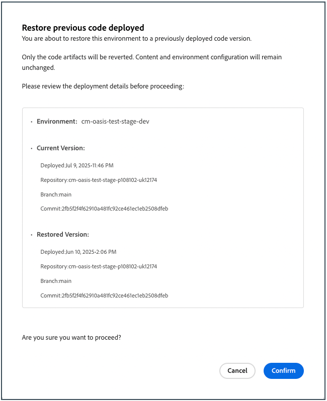 Boîte de dialogue Restaurer le code déployé précédent