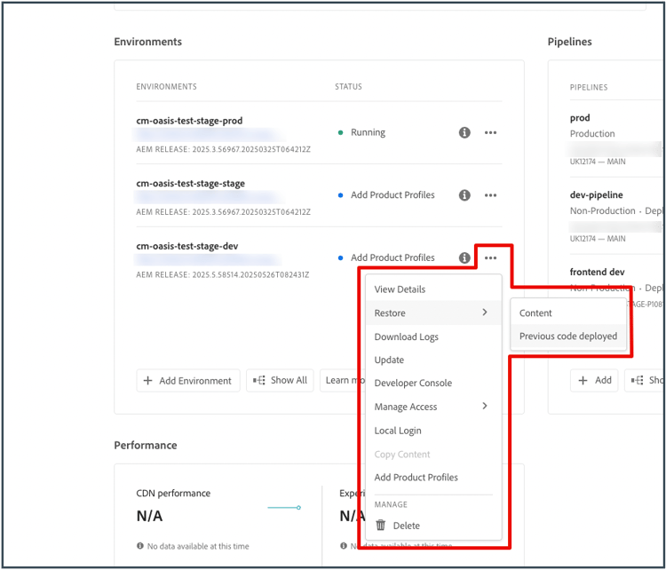 Restaurez le code source client à partir de la carte Environnements