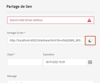 Option Copier l’URL lors du partage d’une ressource dans un lien