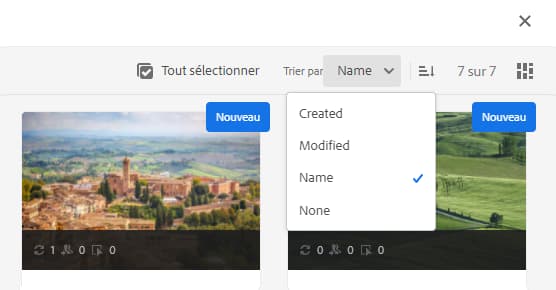 Trier les résultats de recherche dans Assets dans les vues Colonne et Carte