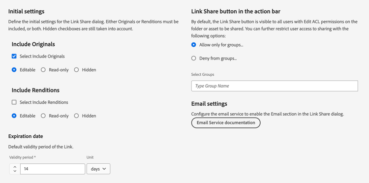 Configuration du partage de lien