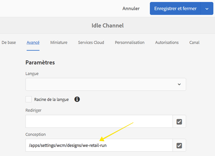 Configuration de conception /apps/settings/wcm/designs/we-retail-run