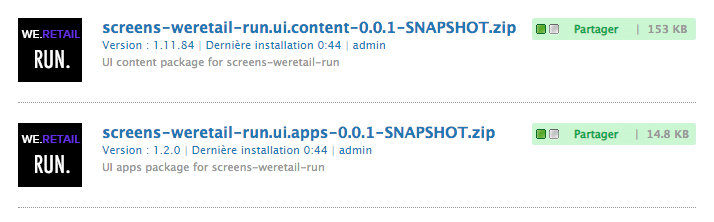 Packages Ui.Apps et Ui.Content Screens We.Retail Run installés via le gestionnaire de modules CRX