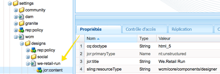 Page de conception à /apps/settings/wcm/designs/we-retail-run