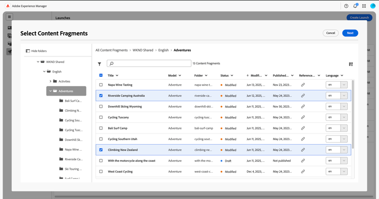 Sélectionner les fragments de contenu pour le nouveau lancement