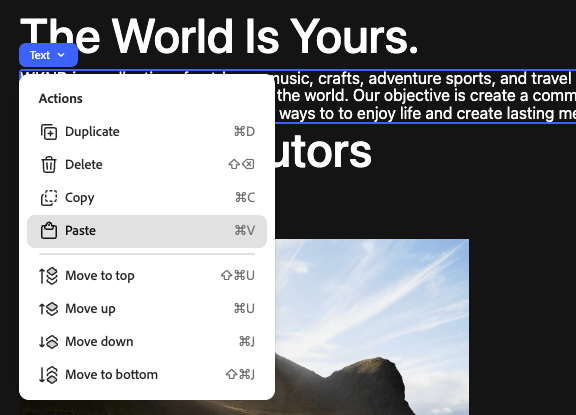 Coller à partir du menu contextuel